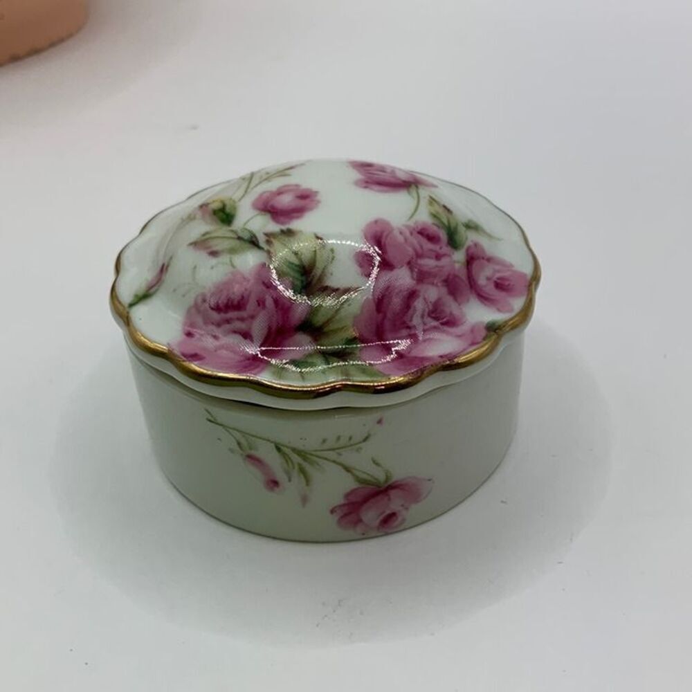 Lefton China Vintage Pink Floral Gold Tone Trim Trinket Box